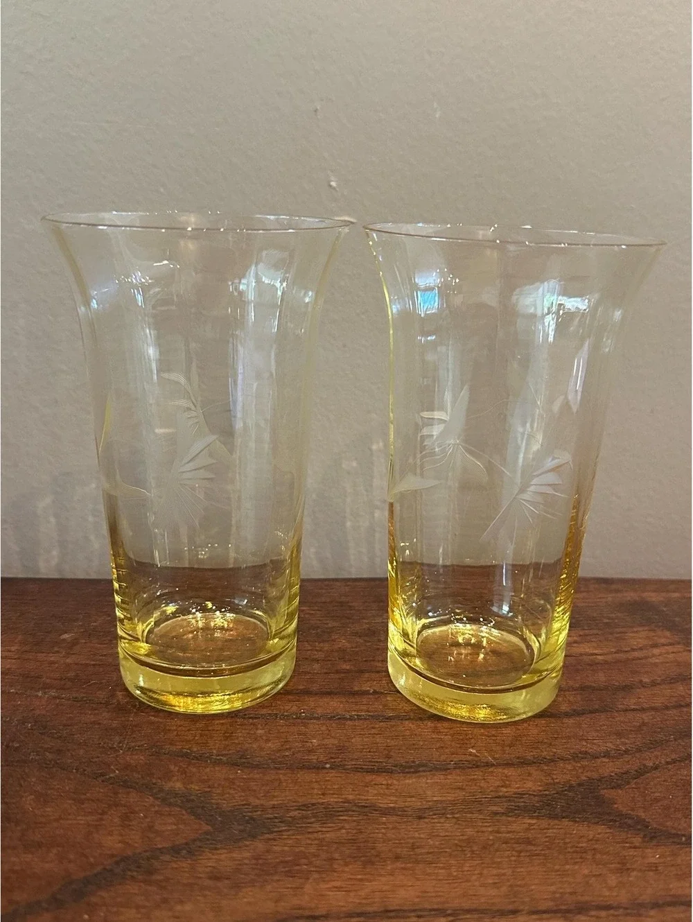 Vintage Yellow Depression Glass Paneled Etched Flower Tumbler Glass Set of 2